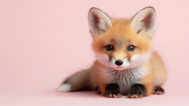 
Lindo retrato de cuerpo entero de un beb&eacute; zorro del desierto sobre un fondo rosa claro para la educaci&oacute;n sobre la vida silvestre y la protecci&oacute;n de los animales.