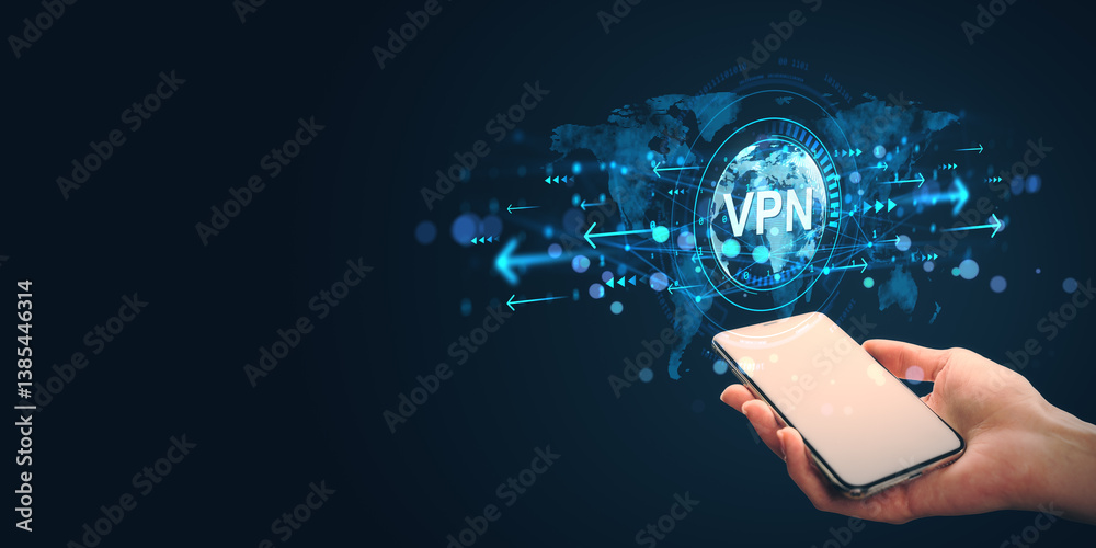 Aufkleber Person holding smartphone showing VPN icon with global network data transfer symbol on dark background, representing secure internet connection concept.