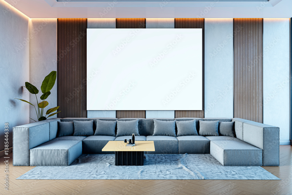 Poster modern interior living room mockup with blank canvas above sectional sofa and coffee table for desig
