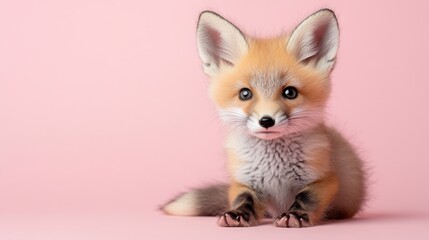 Obraz premium Lindo retrato de cuerpo entero de un bebé zorro del desierto sobre un fondo rosa claro para la educación sobre la vida silvestre y la protección de los animales.