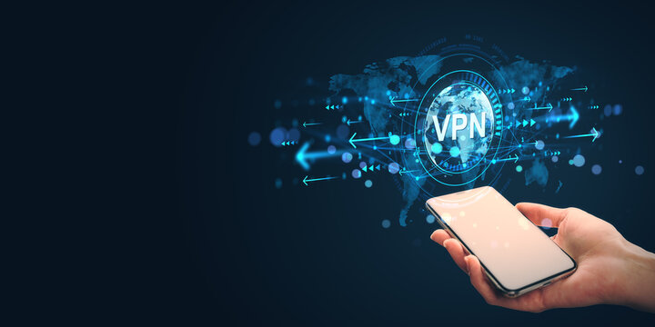 Person holding smartphone showing VPN icon with global network data transfer symbol on dark background, representing secure internet connection concept.