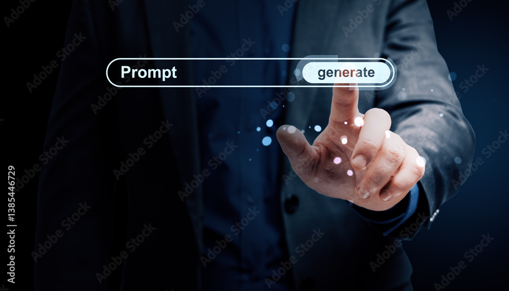 Poster Businessman touching virtual generate prompt button with glowing particles on dark background, representing futuristic digital technology concept.