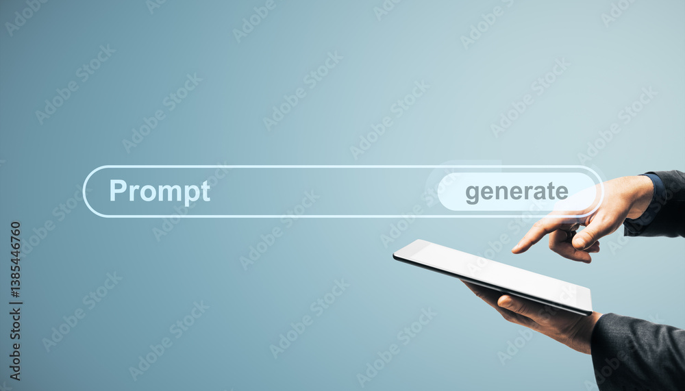 Aufkleber businessperson using tablet to generate prompt with futuristic interface on light blue background re