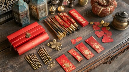 Firecrackers red envelopes and decorative items like lanterns and gold ingots arranged on a wooden table for a festive mood