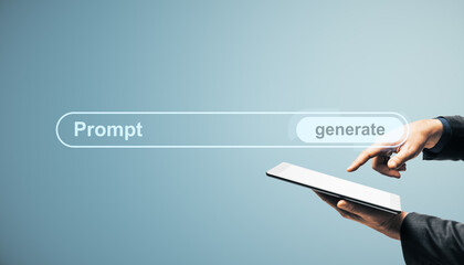 Businessperson using tablet to generate prompt with futuristic interface on light blue background...