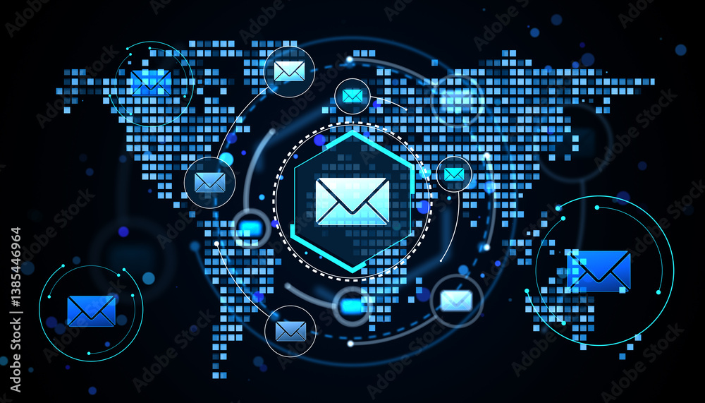 Poster Global digital email communication network concept with glowing mail icons on a futuristic pixelated world map background in blue tones. 3D Rendering