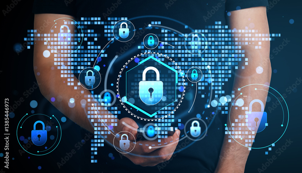 Aufkleber person holding smartphone with digital padlock icons, symbolizing cybersecurity and data protection 