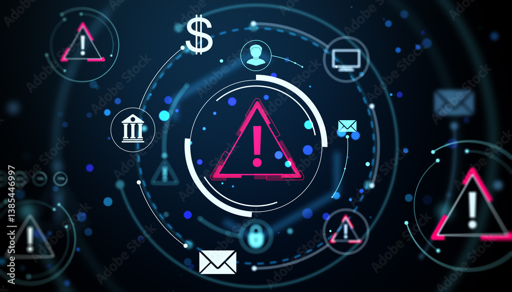 Poster Cybersecurity alert concept with exclamation warning symbols and digital icons on a glowing dark background representing online threats. 3D Rendering