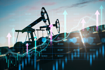 Oil pump jacks and barrels with financial data and upward arrows in digital double exposure concept of energy business growth and technology trends.