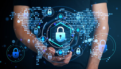 Person holding smartphone with digital padlock icons, symbolizing cybersecurity and data protection on a glowing technology background concept.