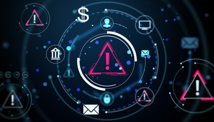 Cybersecurity alert concept with exclamation warning symbols and digital icons on a glowing dark background representing online threats. 3D Rendering
