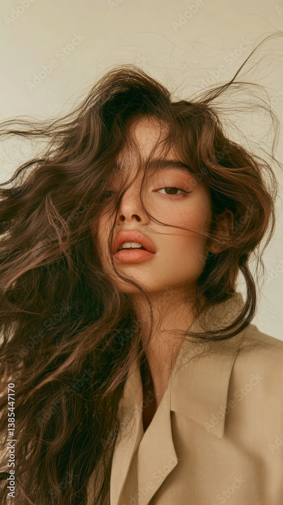 Poster a stunning individual displays an alluring expression with flowing hair and natural makeup. the soft