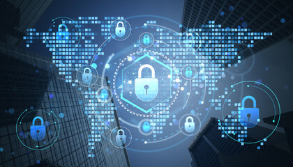 Digital cybersecurity concept with padlock icons and pixelated world map overlaid on city buildings in double exposure hologram style background.