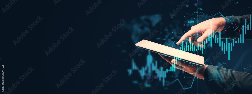 Poster Businessperson using tablet with financial data and digital chart overlay on dark background symbolizing technology-driven business analysis..