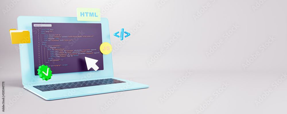 Aufkleber Colorful 3D rendering of HTML and JavaScript code elements on laptop screen with digital symbols on light background representing web development concepts. 3D Rendering