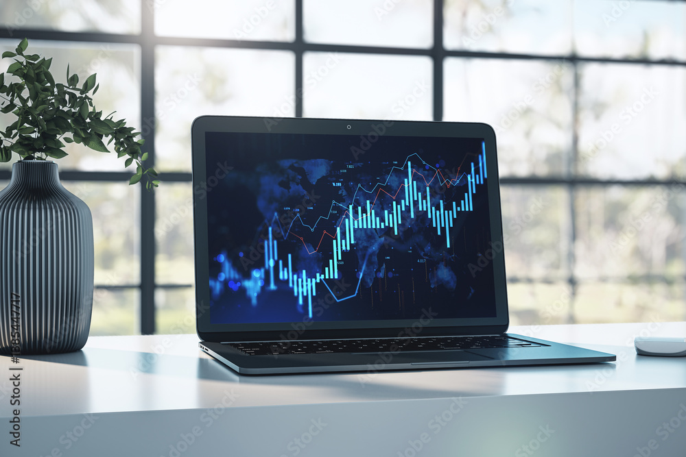 Poster Laptop with financial graph on screen placed on white desk in modern office with natural light and blurred background window view. 3D Rendering