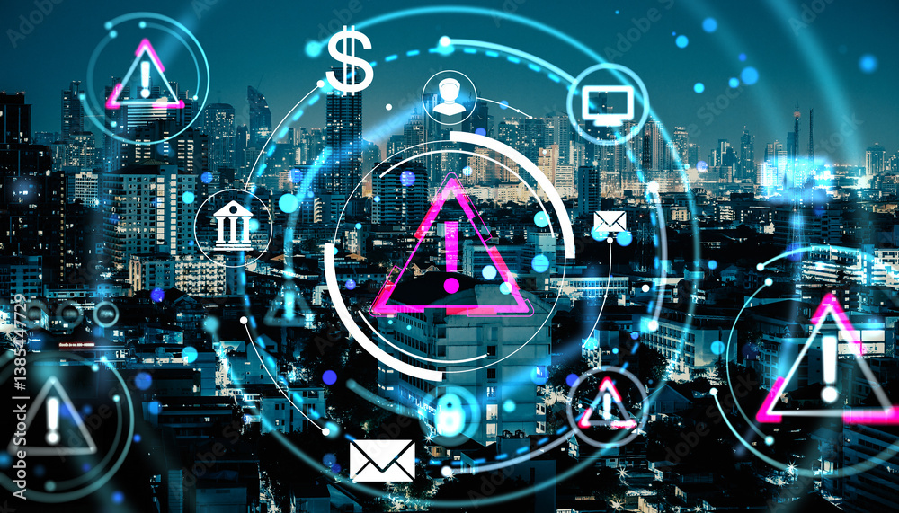 Poster cybersecurity warning hologram symbols over modern night cityscape with glowing digital interface an