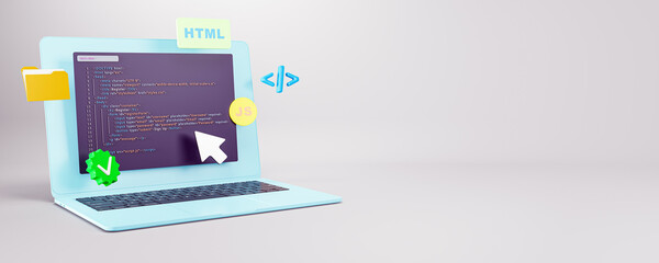 Colorful 3D rendering of HTML and JavaScript code elements on laptop screen with digital symbols on light background representing web development concepts. 3D Rendering