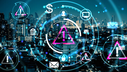 Cybersecurity warning hologram symbols over modern night cityscape with glowing digital interface and technology icons in double exposure style.