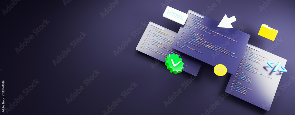 Fototapete Abstract 3D interface of web development with HTML, CSS, and JavaScript code elements on a dark background representing software infrastructure. 3D Rendering