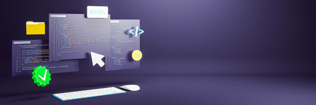 3D rendering of user interface coding concept with HTML, JS, and script windows floating over dark background with copy space on the right side. 3D Rendering