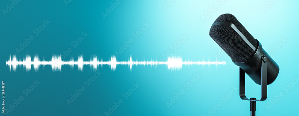 Poster studio microphone with visible soundwave on blue gradient background representing modern audio recor