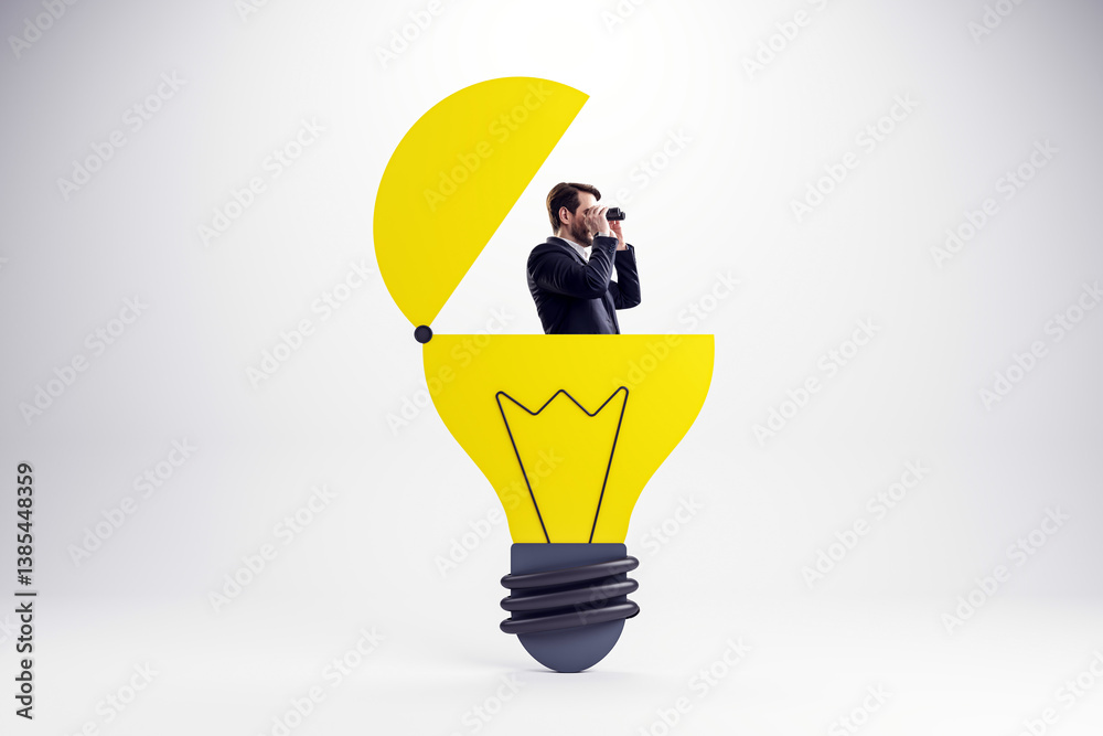 Poster businessman looking through binoculars inside a split yellow lightbulb symbol on minimal light backg