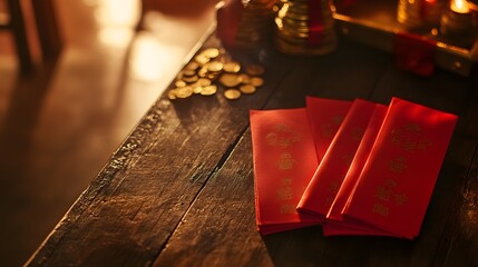 Firecrackers red envelopes and gold coins placed on a wooden table with Chinese decorations for a festive occasion