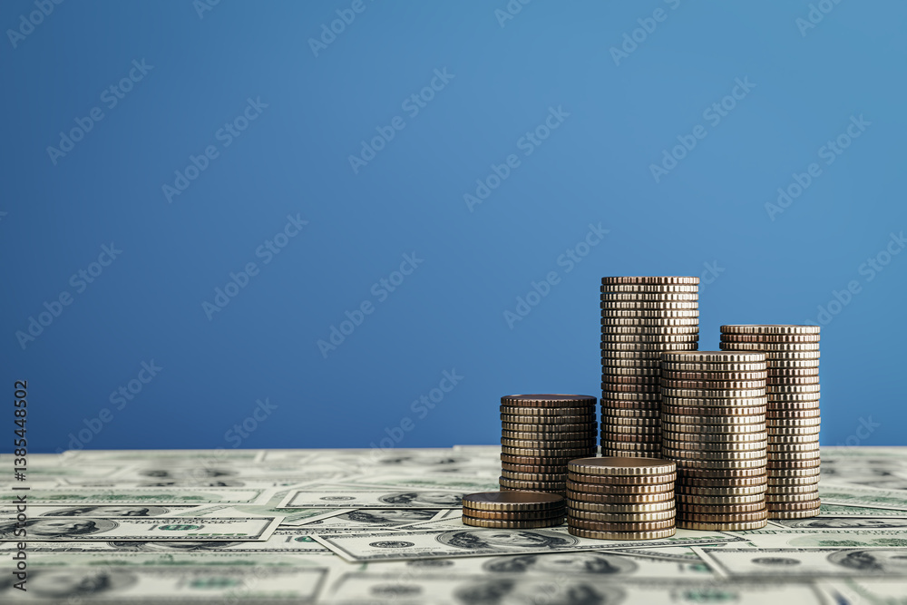 Poster stacks of golden coins on dollar bills with blue background symbolizing financial growth and wealth 