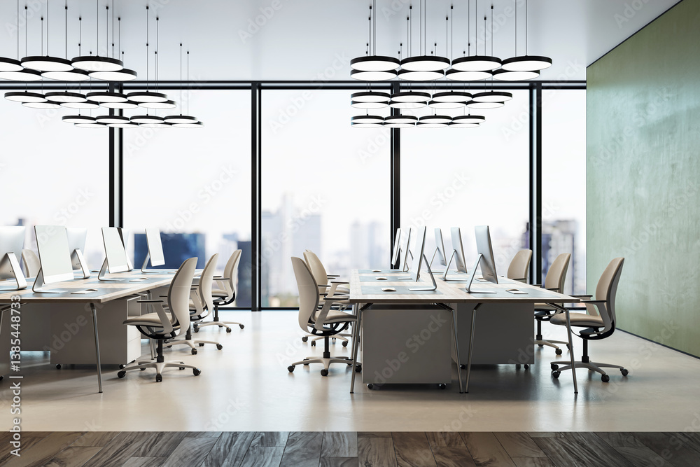 Aufkleber modern open-plan office interior with minimalist design, large windows, and circular ceiling lights 
