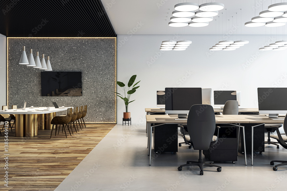 Poster modern corporate office interior with shared workstations and stylish lighting in a sleek open-plan 
