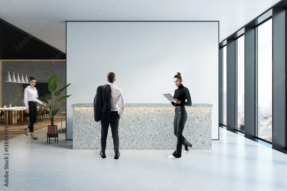 Poster modern corporate office reception with business people interacting in bright interior space with cit