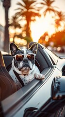 Naklejka premium French bulldog wearing sunglasses looks out of a car window with sunset and palm trees as a backdrop. Use for travel, pet and summer campaigns related to vacation and adventure.