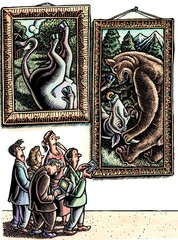Obraz premium A group of investors look at paintings of a bear attacking a bull, studying the image like a stock chart.