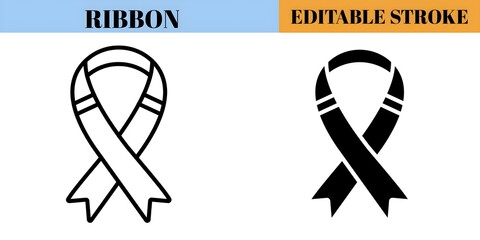 リボン 編集可能なストロークのアウトラインとソリッドアイコンは、白い背景のフラットベクターイラスト、黒のアウトライン、ピクセルパーフェクトに分離されています