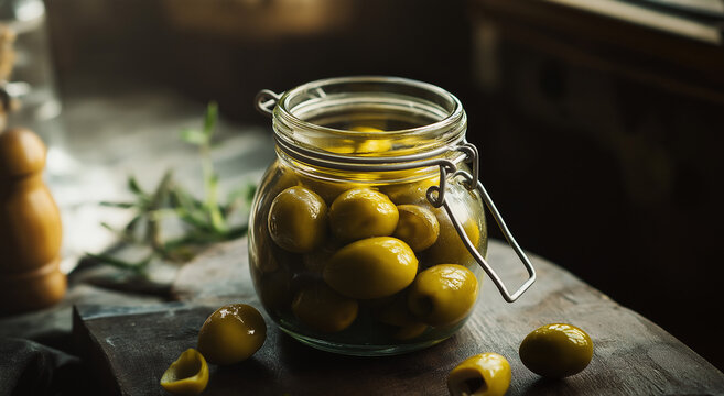 Azeitonas deliciosamente marinadas em um jarro de estilo vintage, ambiente de cozinha r&uacute;stica