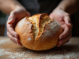 Baker with freshly baked bread. Bakery background
