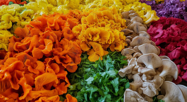 Exibi&ccedil;&atilde;o vibrante de cogumelos comest&iacute;veis em uma barraca de fazenda, produtos locais, vitrine, ambiente fresco, vista de perto, del&iacute;cias culin&aacute;rias e a generosidade da natureza