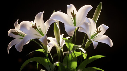 Obraz premium minimalist bunch of pure white lilies with graceful petals and vibrant green leaves, beautifully illuminated against dark background, creating serene and elegant atmosphere