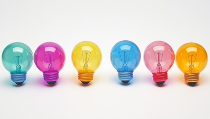 Colorful light bulbs in a row.  A variety of vibrant hues illuminate the scene, showcasing creativity and innovation.  Each bulb, with its unique color, suggests different possibilities.  