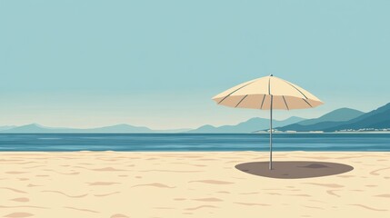 Beach Scene with Umbrella, Sunny Day, Calm Water, Mountains