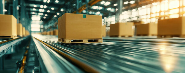 cardboard box on conveyor belt in modern warehouse, illuminated by warm sunlight, symbolizes efficient logistics and automation in supply chain management