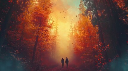 Fototapeta premium Autumn forest walk scenic landscape background wallpaper hd nature photography fall colors trees light path