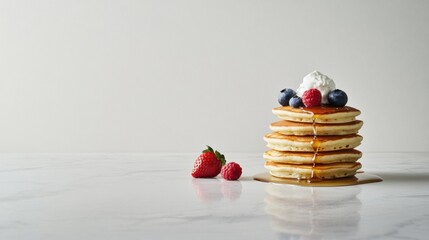 A stack of fluffy pancakes with syrup and berries. Featuring sweetness and indulgence