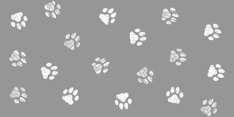 White paw prints with a grunge texture on a grey background. Animalistic endless texture with silhouettes of cat or dog tracks. Pet footprints. Vector seamless pattern for giftwrap and surface texture