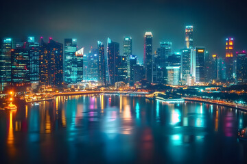 Naklejka premium A blurry photo of a city's skyline at night with bright lights and bustling streets