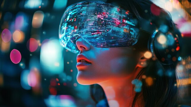 A futuristic woman wearing augmented reality glasses with a holographic digital interface floating in front of her face, a cyberpunk city background, neon lights, and a bokeh effect, digital art. - Powered by Adobe