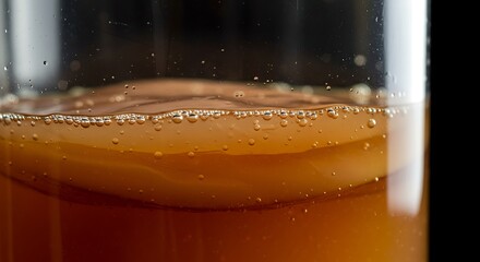 Close Up Glass of Fermented Tea with Bubbles and Scoby