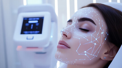 An AI powered system automating personalized skincare recommendations based on skin data, beauty salon with real-time skin analysis and AI-driven product suggestions, Beauty technology style