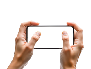 Pair of hands holding a black smartphone  on transparent background